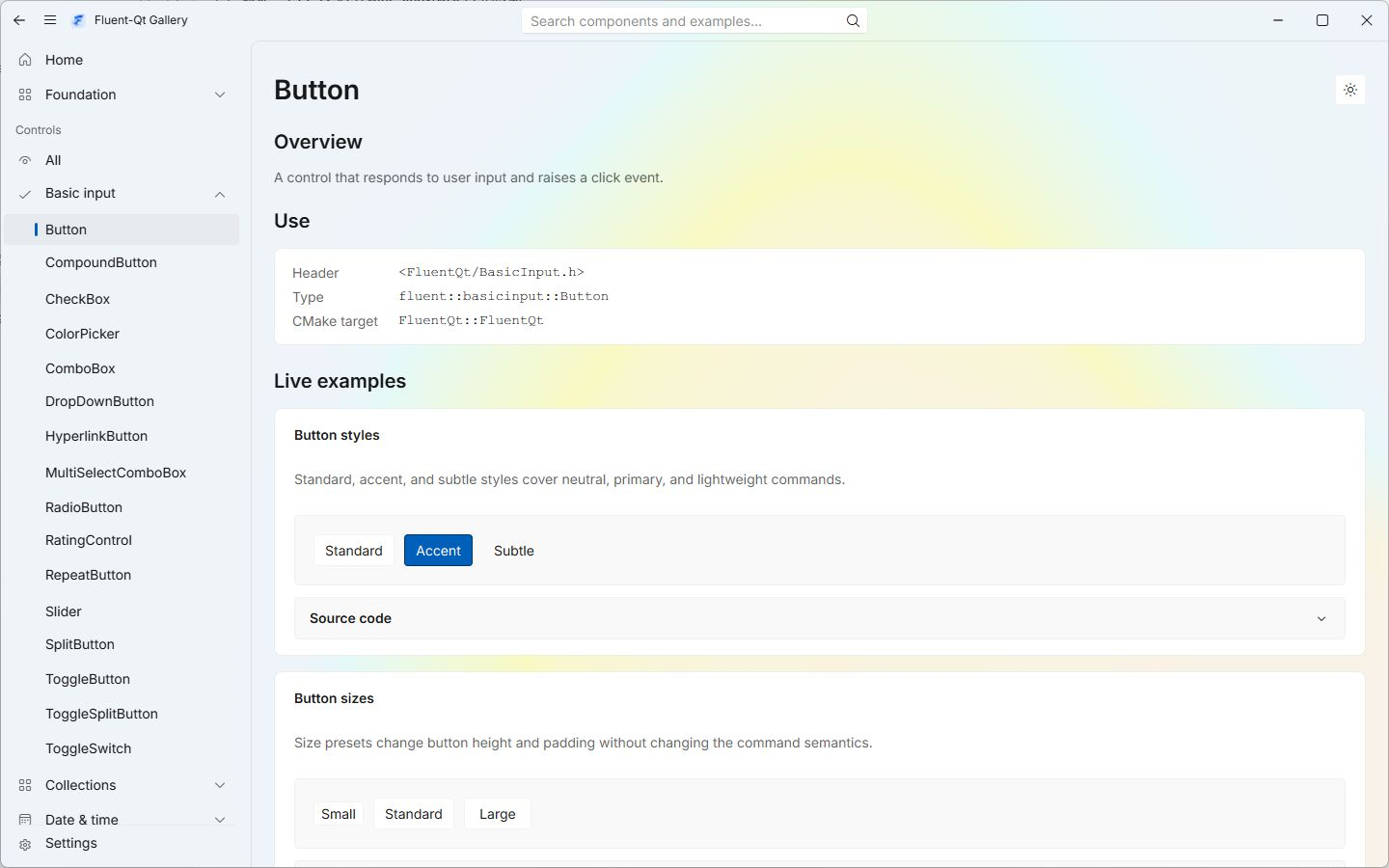 Button control page in Fluent-Kit Gallery on Windows with Mica
