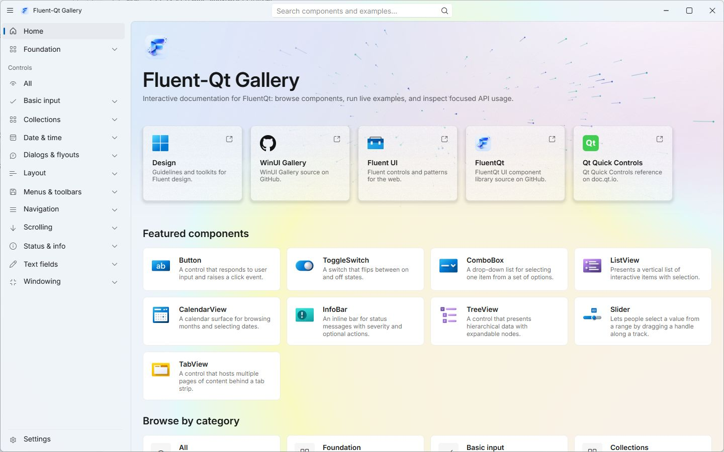 Fluent-Kit Gallery home on Windows with Mica, showing the control catalog and samples